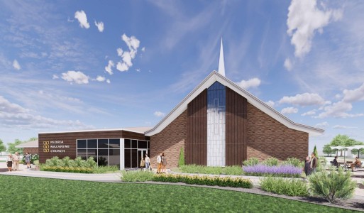 The front exterior will receive a modern update with a new stair tower. The lava rock will be removed and replaced with Kalwall translucent panels with the cross. Exterior Rendering