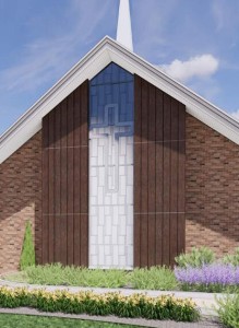 Translucent Kalwall panels with the cross will allow ambient light into the sanctuary. Church Exterior Rendering