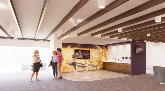 Light from the exterior stairwell addition will create an inviting and warm commons space adjacent to the sanctuary with a café area. Commons 2 Rendering