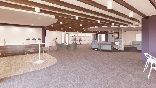 The remodel project includes a more open and inviting gathering space adjacent to the sanctuary. Open rafters with drywall on top will create more open feeling. Common Room Rendering