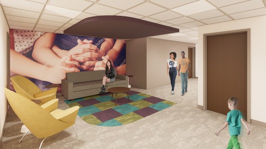 Gathering at the end of the children’s ministry hallway with line of sight. Corridor 2 Rendering