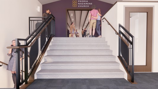 A look at the brand-new main entrance offers a clear, inviting line of sight into the commons area. Main Entrance Rendering