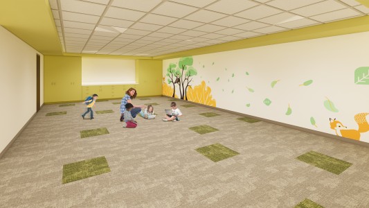 The pre-K and kindergarten room will feature brand-new look in addition to improved safety and security measures. Pre-K Kindergarten Room Rendering