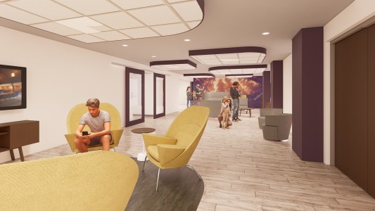 Another view of the youth commons area shows easy access to the fellowship area from this large gathering space. Youth Commons Rendering